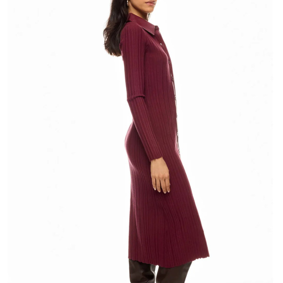 Toccin Burgundy Ribbed Knit Shirt Dress XS Midi Office Work Designer $525 - Picture 2 of 14